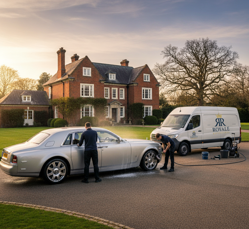 Royale Reflections team cleaning a vehicle beside a branded mobile service van